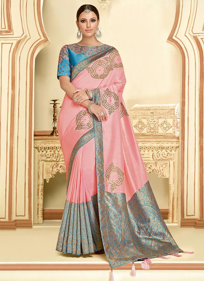 Silk Pink Wedding Wear Embroidery Work Saree